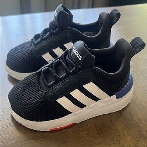 Adidas Kids Black and White Sneakers with Blue Accent